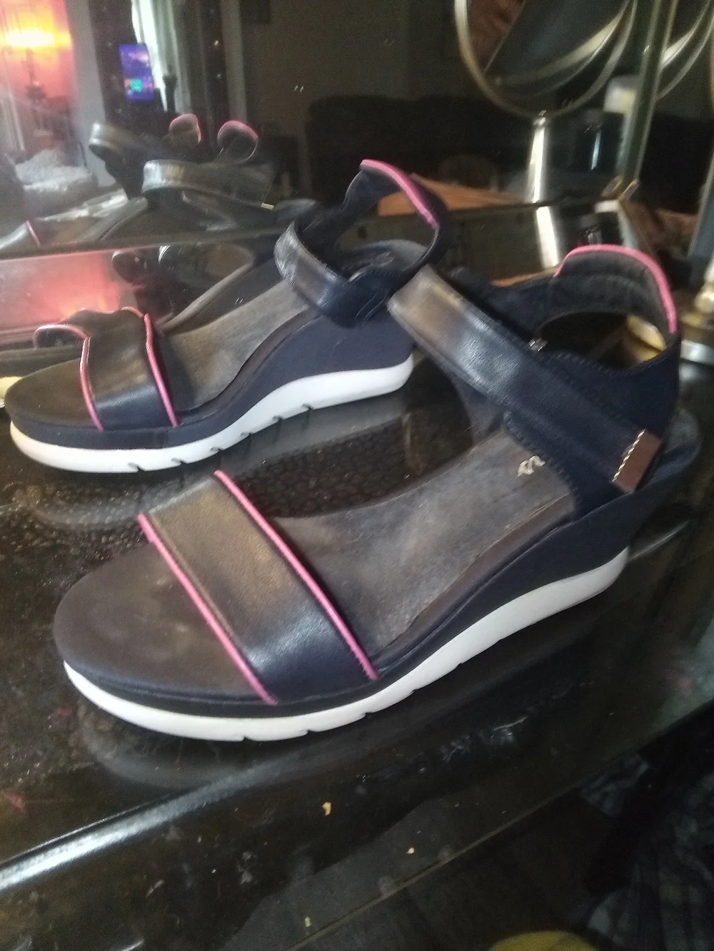Skechers Navy Wedge Sandals with Pink Trim